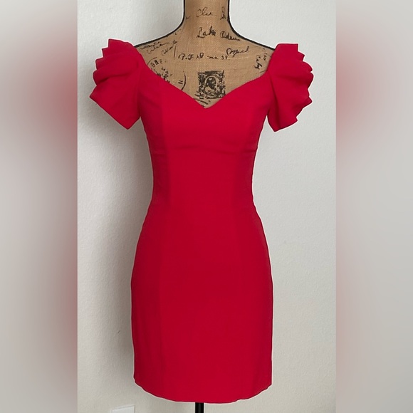 Neiman Marcus Red Off-Shoulder Puff Sleeve Dress Size 4 Acetate & Rayon - Picture 8 of 8